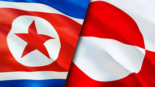 North Korea and USA Greenland. 3D Waving flag design. North Korea USA flag, picture, wallpaper. North Korea vs USA image,3D rendering. North Korea USA relations alliance and Trade,travel,touris