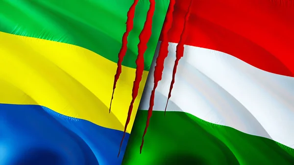 Gabon and Hungary flags with scar concept. Waving flag,3D rendering. Gabon and Hungary conflict concept. Gabon Hungary relations concept. flag of Gabon and Hungary crisis,war, attack concep