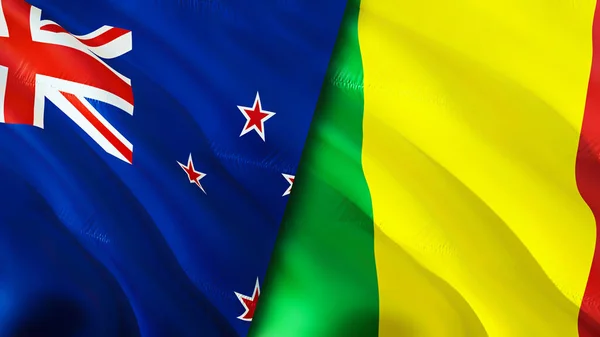 New Zealand and Mali flags. 3D Waving flag design. New Zealand Mali flag, picture, wallpaper. New Zealand vs Mali image,3D rendering. New Zealand Mali relations war alliance concept.Trade, touris