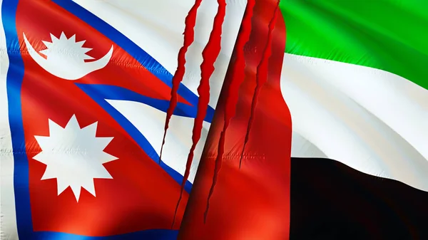 Nepal and United Arab Emirates flags with scar concept. Waving flag,3D rendering. Nepal and United Arab Emirates conflict concept. Nepal United Arab Emirates relations concept. flag of Nepal an