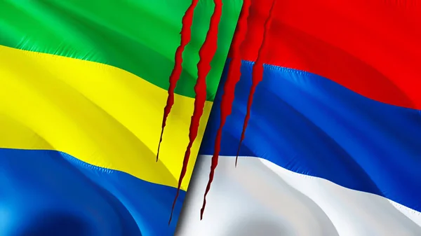 加蓬和塞尔维亚的国旗带有疤痕概念 飘扬的旗帜 3D渲染 加蓬和塞尔维亚冲突概念 加蓬塞尔维亚关系概念 加蓬和塞尔维亚国旗危机 — 图库照片