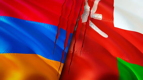 亚美尼亚和阿曼的国旗带有伤疤概念 飘扬的旗帜 3D渲染 亚美尼亚和阿曼冲突概念 亚美尼亚阿曼关系概念 亚美尼亚和阿曼的国旗危机 — 图库照片