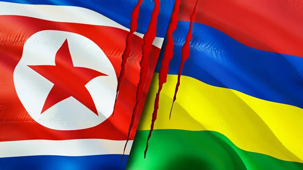 North Korea and Mauritius flags with scar concept. Waving flag,3D rendering. North Korea and Mauritius conflict concept. North Korea Mauritius relations concept. flag of North Korea and Mauritiu