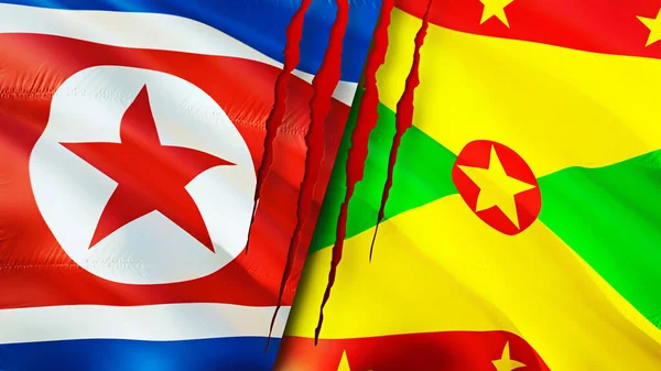 North Korea and Grenada flags with scar concept. Waving flag,3D rendering. North Korea and Grenada conflict concept. North Korea Grenada relations concept. flag of North Korea and Grenad