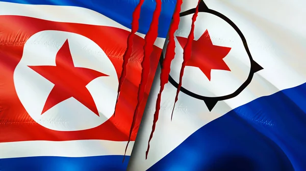 North Korea and Bonaire flags with scar concept. Waving flag,3D rendering. North Korea and Bonaire conflict concept. North Korea Bonaire relations concept. flag of North Korea and Bonair