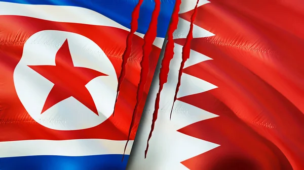 North Korea and Bahrain flags with scar concept. Waving flag,3D rendering. North Korea and Bahrain conflict concept. North Korea Bahrain relations concept. flag of North Korea and Bahrai