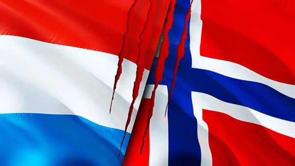 Luxembourg and Norway flags with scar concept. Waving flag,3D rendering. Luxembourg and Norway conflict concept. Luxembourg Norway relations concept. flag of Luxembourg and Norway crisis,war, attac
