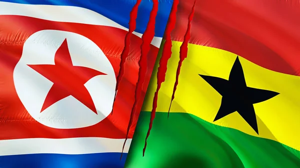 North Korea and Ghana flags with scar concept. Waving flag,3D rendering. North Korea and Ghana conflict concept. North Korea Ghana relations concept. flag of North Korea and Ghana crisis,war, attac