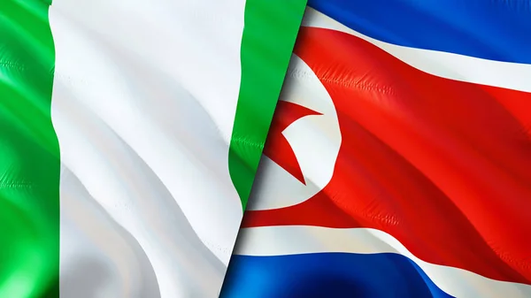 Nigeria and North Korea flags. 3D Waving flag design. Nigeria North Korea flag, picture, wallpaper. Nigeria vs North Korea image,3D rendering. Nigeria North Korea relations alliance an