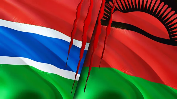 Bandeiras Gâmbia Malawi Com Conceito Cicatriz Bandeira Ondulada Renderização Conceito — Fotografia de Stock