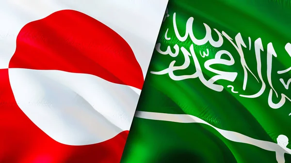 Greenland and Saudi Arabia flags. 3D Waving flag design. Greenland Saudi Arabia flag, picture, wallpaper. Greenland vs Saudi Arabia image,3D rendering. Greenland Saudi Arabia relations alliance an