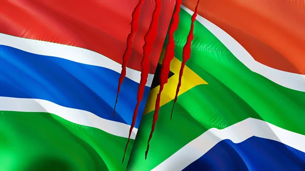 Bandeiras Gâmbia África Sul Com Conceito Cicatriz Bandeira Ondulada Renderização — Fotografia de Stock
