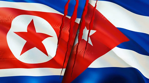 North Korea and Cuba flags with scar concept. Waving flag,3D rendering. North Korea and Cuba conflict concept. North Korea Cuba relations concept. flag of North Korea and Cuba crisis,war, attac