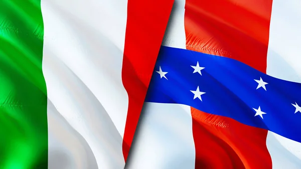 Italy and Netherlands Antilles flags. 3D Waving flag design. Italy Netherlands Antilles flag, picture, wallpaper. Italy vs Netherlands Antilles image,3D rendering. Italy Netherlands Antille