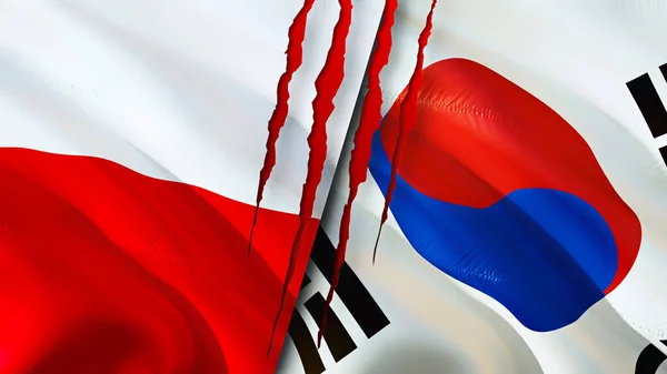 Poland and South Korea flags with scar concept. Waving flag,3D rendering. Poland and South Korea conflict concept. Poland South Korea relations concept. flag of Poland and South Korea crisis,war