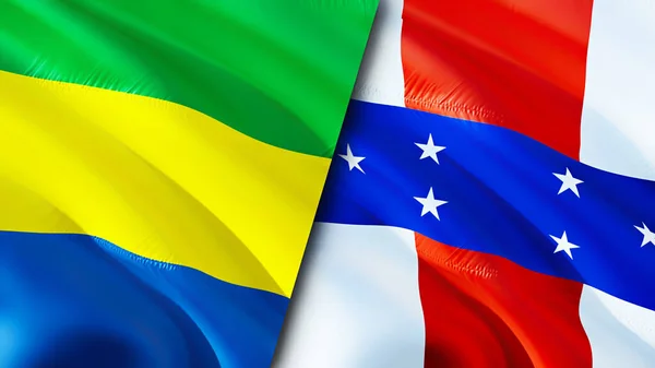 Gabon and Netherlands Antilles flags. 3D Waving flag design. Gabon Netherlands Antilles flag, picture, wallpaper. Gabon vs Netherlands Antilles image,3D rendering. Gabon Netherlands Antille