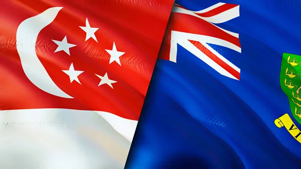 新加坡和英属维尔京群岛的国旗 3D波浪旗帜设计 新加坡英属维尔京群岛国旗 新加坡对英属维尔京群岛的图像 3D渲染 Singapor — 图库照片