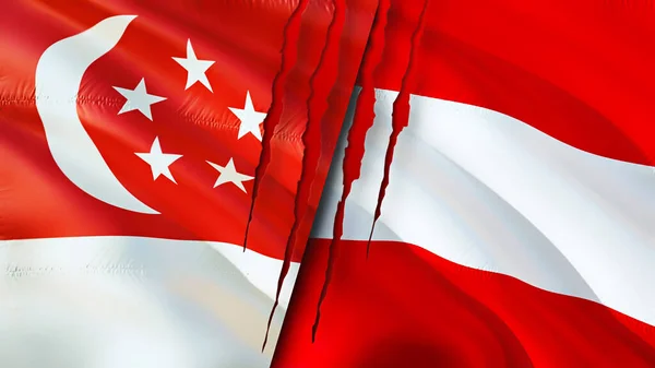 Bandeiras Singapura Áustria Com Conceito Cicatriz Bandeira Ondulada Renderização Conceito — Fotografia de Stock
