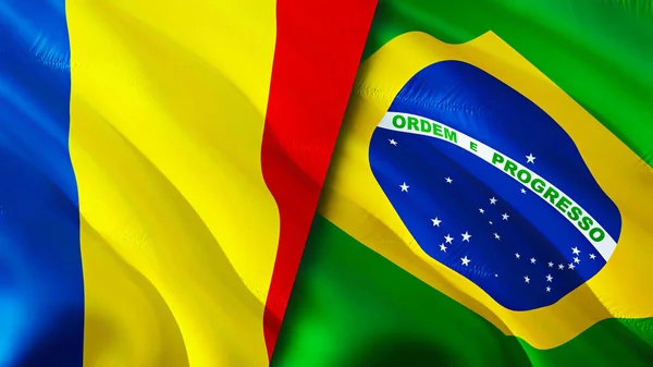 Romanya Brezilya Bayrakları Boyutlu Dalgalanan Bayrak Tasarımı Romanya Brezilya Bayrağı — Stok fotoğraf