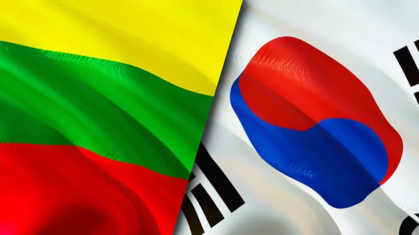 Lithuania and South Korea flags. 3D Waving flag design. Lithuania South Korea flag, picture, wallpaper. Lithuania vs South Korea image,3D rendering. Lithuania South Korea relations alliance an