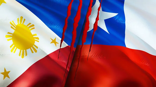 Philippines and Chile flags with scar concept. Waving flag,3D rendering. Philippines and Chile conflict concept. Philippines Chile relations concept. flag of Philippines and Chile crisis,war, attac