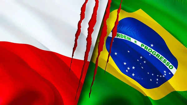Poland and Brazil flags with scar concept. Waving flag,3D rendering. Poland and Brazil conflict concept. Poland Brazil relations concept. flag of Poland and Brazil crisis,war, attack concep