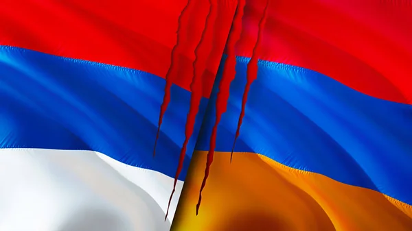 塞尔维亚和亚美尼亚的国旗带有伤疤概念 飘扬的旗帜 3D渲染 塞尔维亚和亚美尼亚冲突概念 塞尔维亚 亚美尼亚关系概念 塞尔维亚和亚美尼亚国旗危机 — 图库照片