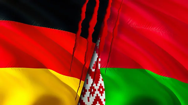 Germany and Belarus flags with scar concept. Waving flag,3D rendering. Germany and Belarus conflict concept. Germany Belarus relations concept. flag of Germany and Belarus crisis,war, attack concep