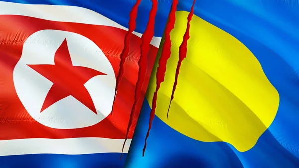 North Korea and Palau flags with scar concept. Waving flag,3D rendering. North Korea and Palau conflict concept. North Korea Palau relations concept. flag of North Korea and Palau crisis,war, attac