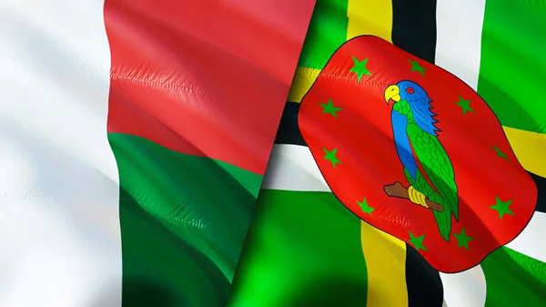 Madagaskar Dominica Vlaggen Waving Vlag Ontwerp Madagaskar Dominica Vlag Foto — Stockfoto