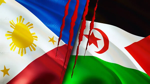Philippines and Western Sahara flags with scar concept. Waving flag,3D rendering. Philippines and Western Sahara conflict concept. Philippines Western Sahara relations concept. flag of Philippine