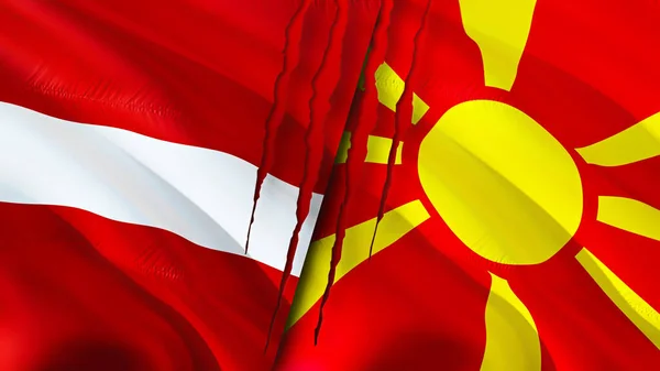 Latvia North Macedonia Flags Scar Concept Waving Flag Rendering Latvia — Stock Photo, Image