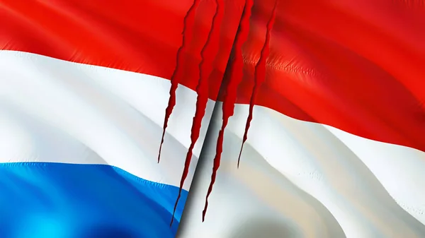 ルクセンブルクとインドネシアは傷の概念でフラグを立てます 旗を振って3Dレンダリング ルクセンブルクとインドネシアの紛争の概念 ルクセンブルク インドネシア関係の概念 ルクセンブルクとインドネシアの国旗 — ストック写真