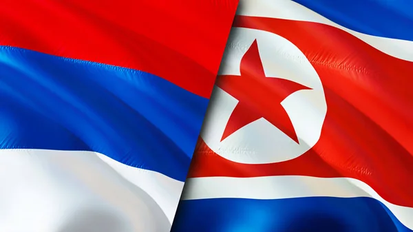 Serbia and North Korea flags. 3D Waving flag design. Serbia North Korea flag, picture, wallpaper. Serbia vs North Korea image,3D rendering. Serbia North Korea relations alliance an