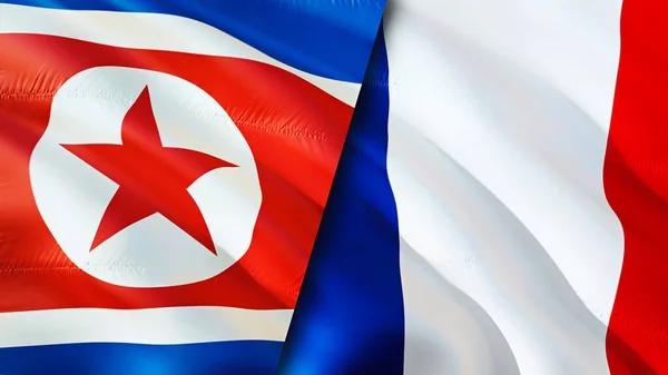 North Korea and France flags. 3D Waving flag design. North Korea France flag, picture, wallpaper. North Korea vs France image,3D rendering. North Korea France relations alliance an