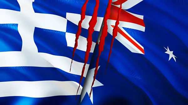 Greece and Australia flags with scar concept. Waving flag,3D rendering. Greece and Australia conflict concept. Greece Australia relations concept. flag of Greece and Australia crisis,war, attac