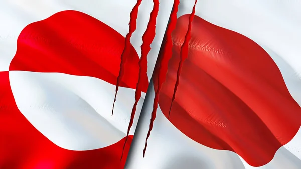 Greenland and Japan flags with scar concept. Waving flag,3D rendering. Greenland and Japan conflict concept. Greenland Japan relations concept. flag of Greenland and Japan crisis,war, attack concep