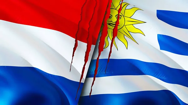 Paesi Bassi Uruguay Bandiere Con Concetto Cicatrice Bandiera Sventolante Rendering — Foto Stock