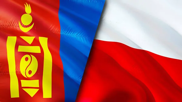 Mongolia and Poland flags. 3D Waving flag design. Mongolia Poland flag, picture, wallpaper. Mongolia vs Poland image,3D rendering. Mongolia Poland relations alliance and Trade,travel,tourism concep