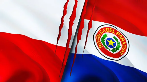 Bandiere Polonia Paraguay Con Concetto Cicatrice Bandiera Sventolante Rendering Polonia — Foto Stock