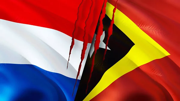 Nederländerna Och Östtimor Flaggor Med Ärr Koncept Viftar Med Flaggan — Stockfoto