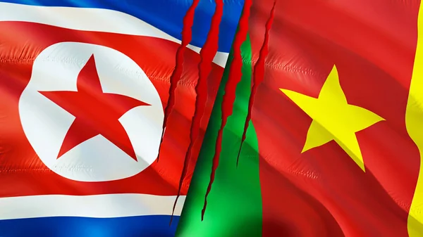 North Korea and Cameroon flags with scar concept. Waving flag,3D rendering. North Korea and Cameroon conflict concept. North Korea Cameroon relations concept. flag of North Korea and Cameroo