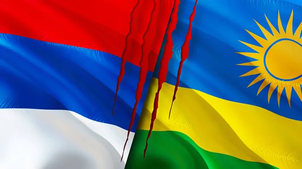 Serbia and Rwanda flags with scar concept. Waving flag,3D rendering. Serbia and Rwanda conflict concept. Serbia Rwanda relations concept. flag of Serbia and Rwanda crisis,war, attack concep