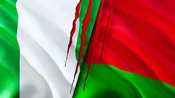 Nigeria Bielorussia Bandiere Con Concetto Cicatrice Bandiera Sventolante Rendering Nigeria — Foto Stock