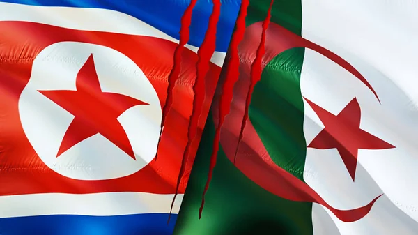 North Korea and Algeria flags with scar concept. Waving flag,3D rendering. North Korea and Algeria conflict concept. North Korea Algeria relations concept. flag of North Korea and Algeri
