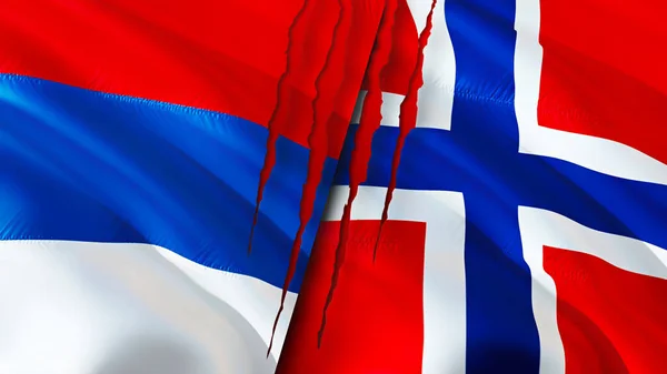 Serbia and Norway flags with scar concept. Waving flag,3D rendering. Serbia and Norway conflict concept. Serbia Norway relations concept. flag of Serbia and Norway crisis,war, attack concep