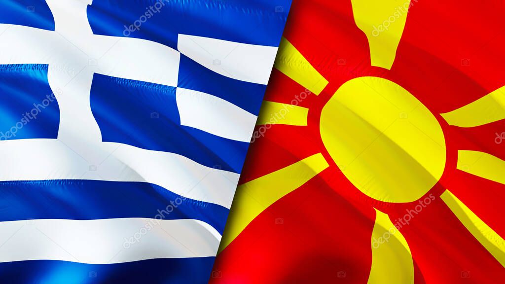 Greece and North Macedonia flags. 3D Waving flag design. Greece North Macedonia flag, picture, wallpaper. Greece vs North Macedonia image,3D rendering. Greece North Macedonia relations alliance an