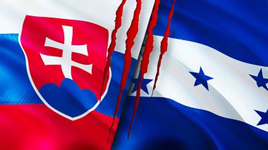 Yara izi olan Slovakya ve Honduras bayrakları. Dalgalanan bayrak, 3 boyutlu görüntüleme. Slovakya ve Honduras çatışma konsepti. Slovakya Honduras ilişkileri kavramı. Slovakya bayrağı ve Honduras krizi, savaş, attac