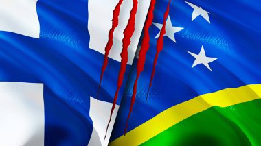 Yara izi olan Finlandiya ve Solomon Adaları bayrakları. Dalgalanan bayrak, 3 boyutlu görüntüleme. Finlandiya ve Solomon Adaları çatışma konsepti. Finlandiya Solomon Adaları ilişkileri kavramı. Finlandiya ve Solomo bayrağı