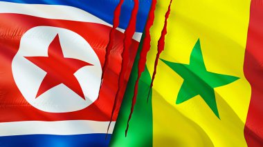 Kuzey Kore ve Senegal bayraklarında yara izi var. Dalgalanan bayrak, 3 boyutlu görüntüleme. Kuzey Kore ve Senegal çatışma konsepti. Kuzey Kore Senegal ilişkileri kavramı. Kuzey Kore ve Senega bayrağı